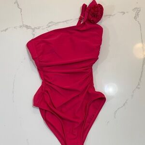 Womens' One-Shoulder Pink Swimsuit with Rosette